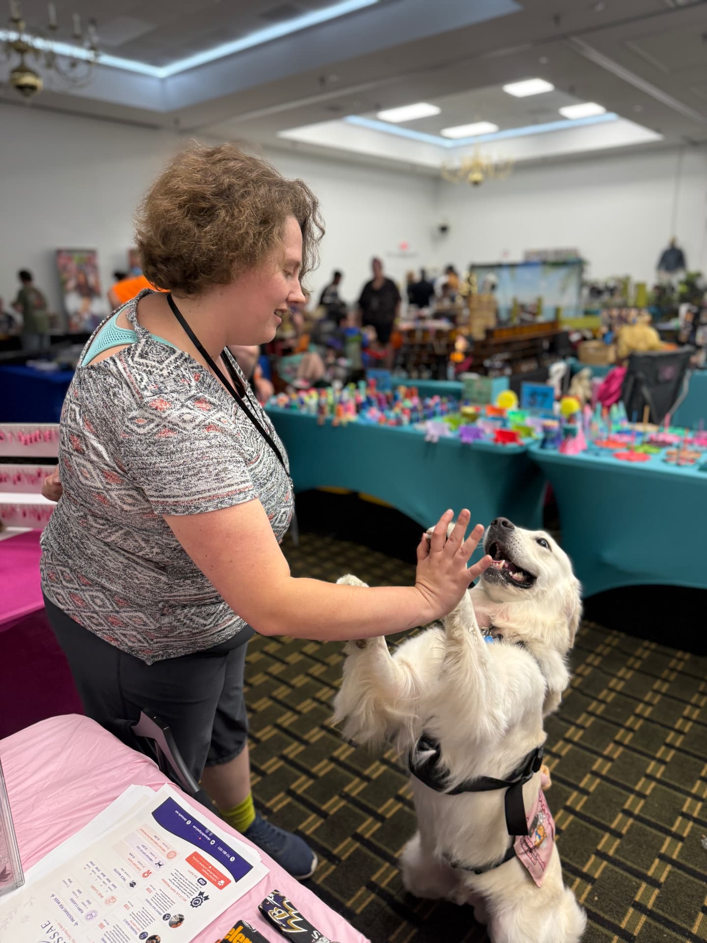 A Vibrissae trainer rewarding a white golden retriever as it offers a paw